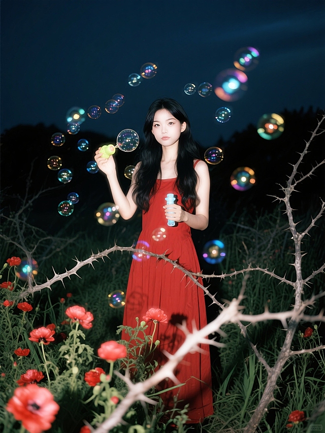 夜晚的荆棘草丛，有红色花朵，女生拿着泡泡玩具（红色长裙），环绕无数动态发光的泡泡。全景，看镜头。