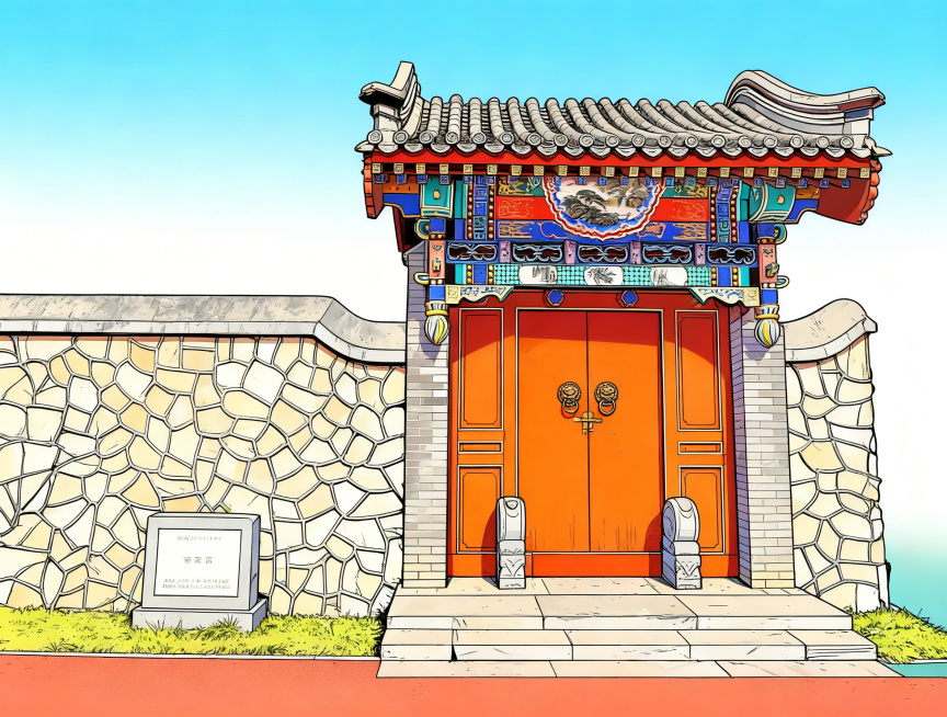 将这张校园中式门庭院风景转换成漫画风格，保留原构图和内容，使用日式漫画的线条和上色风格预览效果