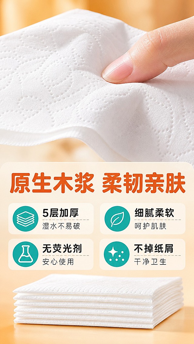 [商品] 使用【图1】开爽KS悬挂式抽取面巾纸抽出的纸巾；保留原生木浆纸巾的白色、柔软纹理质感；展示纸巾的柔韧与厚度。
[画面] 目标：材质细节页，展示纸巾品质与触感。构图：上下结构，上半部分纸巾微距特写，下半部分文案信息。景别：微距特写。前景：一张展开的纸巾，纹理清晰可见，手指轻按纸巾体现柔软；中景：叠放的几张纸巾展示厚度；后景：暖橙色渐变虚化背景。阅读动线：从上至下。
[视觉] 套系策略：风格=拼多多大字报+温馨居家商业摄影；标题字=粗黑黑体+圆角处理；正文字=清晰无衬线黑体；主色=暖橙色；背景延展=暖橙色由四周向中心渐变到浅米白，同色系柔和光晕；强调色=青绿色，仅用于品质标签、小图标；标题色=深橙红；正文色=深灰；组件=圆角品质标签、数据浮窗、质感图标；光影=侧柔光突出纸巾纹理层次。
[文字] 顶部主标题"原生木浆 柔韧亲肤"，下方4个品质卖点："5层加厚 湿水不易破""细腻柔软 呵护肌肤""无荧光剂 安心使用""不掉纸屑 干净卫生"；文字全部横排，品质标签醒目。
[规格] 图片比例9:16竖版，4K分辨率，避免变形、错字、文字过小、纸巾质感失真、极限词。