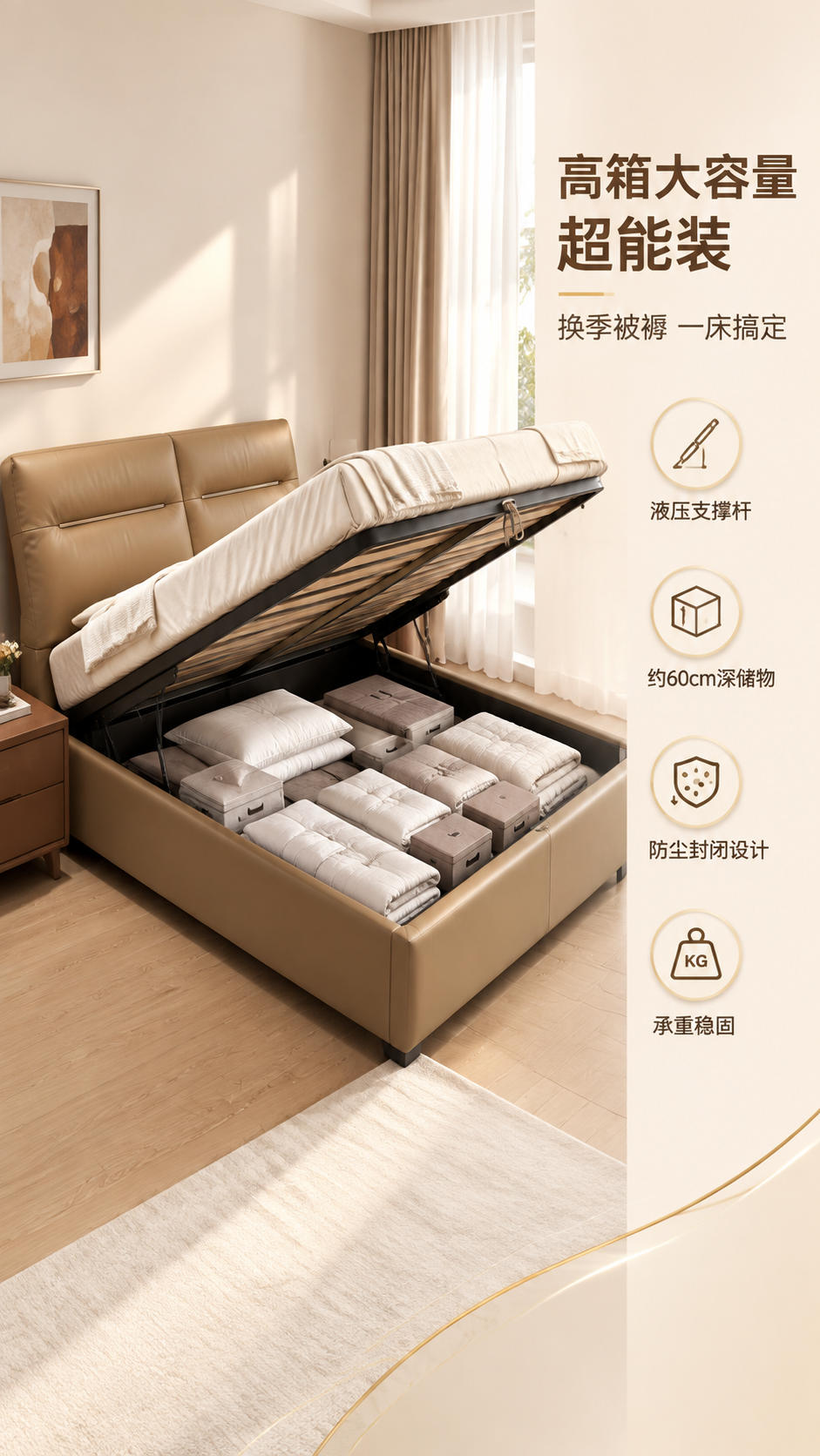 [商品] 使用【图1】意式轻奢真皮储物床；保留床头造型、浅咖色… - 图片创意预览