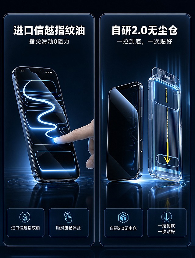 [商品] 使用【图1】的手机防窥钢化膜与无尘仓配件；保留手机外形、手指滑动测试手势、指纹油顺滑效果、无尘仓包装结构、黄色拉条；商品处理：将整体暖橙色调替换为深蓝黑色科技配色，屏幕滑动轨迹和无尘仓光效改为冰蓝色发光，保留产品结构和功能展示逻辑不变。
[画面] 页面目标：展示进口信越指纹油与自研2.0无尘仓两大卖点；左模块展示手指在手机屏幕上滑动的顺滑测试，带动态轨迹光效；右模块展示手机与无尘仓配件并排，突出一拉到底安装方式；整体为左右双模块布局，阅读动线从左到右。
[视觉] 套系策略：风格=深色科技风3D商业渲染；标题字=粗黑体现代无衬线；正文字=简洁无衬线体；主色=深蓝黑（#0A1428）；背景延展=基于深蓝黑做径向渐变、同色深浅层级、细腻磨砂质感；强调色=冰蓝色（#00D4FF），仅用于发光线条、图标、标签和屏幕光效；标题色=纯白色；正文色=浅灰蓝（#B8C5D9）；组件=圆角半透明深色信息卡、冰蓝色细线引线、霓虹发光边框；光影=顶部冷蓝光+底部环境反射光，产品带柔和倒影。
[文字] 左模块主标题「进口信越指纹油」，副标题「指尖滑动0阻力」；右模块主标题「自研2.0无尘仓」，副标题「一拉到底，一次贴好」；文字均为横排，位于模块顶部，不遮挡产品主体。
[规格] 图片比例3:4竖版，4K分辨率，负向提示：避免暖色、橙色、金色背景、文字模糊、产品变形、错字、竖排文字、蚂蚁字。
