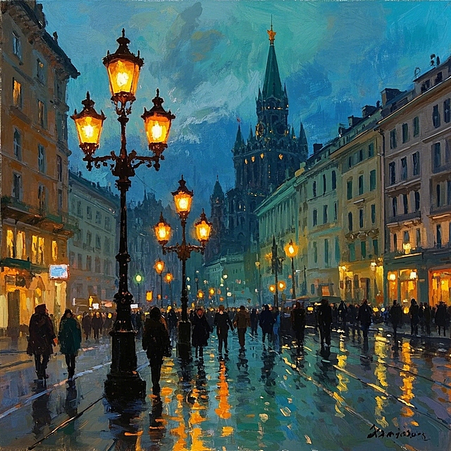莫斯科风光，街头，路灯，迷离，色块堆叠，莫奈风格，印象派，高级感