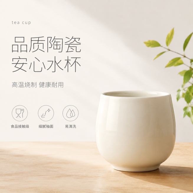 [单张主图] 优质陶瓷茶杯 高级氛围感主图 传递简约实用质感。[构图版式] 采用左文右物场景型版式，左侧大面积留白放置文案，产品放右侧放大，底部用浅木色台面承托，右侧搭配少量清新绿植装饰，主体占比约4预览效果