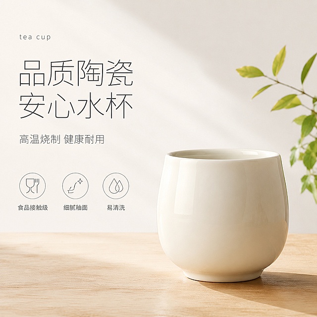 [单张主图] 优质陶瓷茶杯 高级氛围感主图 传递简约实用质感。[构图版式] 采用左文右物场景型版式，左侧大面积留白放置文案，产品放右侧放大，底部用浅木色台面承托，右侧搭配少量清新绿植装饰，主体占比约45%。[画面主体] 一只简约纯色陶瓷茶杯，器型圆润流畅，陶瓷釉面光滑细腻，保持产品外观结构、材质质感、颜色自然还原，商品主体完整清晰不裁切。[场景元素] 背景为浅米白渐变墙面，浅木色台面做承托，右侧点缀一小片新鲜绿植叶片，自然留白干净通透，无多余杂乱道具。[文案版式] 左上负空间左对齐留安全边距，大字主文案“品质陶瓷 安心水杯”，浅灰色大号细无衬线字体；下方小字副文案“高温烧制 健康耐用”，约为主标题一半大小；底部三个线稿图标卖点，分别对应“食品接触级”“细腻釉面”“易清洗”，图标下方配极小字号说明文字；主标题旁加一个小写英文装饰“tea cup”，做氛围点缀。[光影质感] 左侧自然斜射窗光做主光，光线柔和明亮，陶瓷釉面形成细腻高光，台面形成浅淡清晰投影，背景虚化浅景深，整体高亮通透，呈现真实桌面静物摄影质感。[配色字体] 主色调浅米白+浅木色，辅助色浅灰和绿植浅绿，字体选用细轻无衬线，字重克制，留白充足，对比清晰。[比例分辨率] 1:1 比例，2K分辨率，文字清晰可辨。[负向提示词] 变形，文字错乱，产品模糊，背景杂乱，水印，电商平台Logo，遮挡主体，错字糊字，颜色失真
