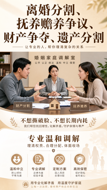 9:16竖版婚姻家庭调解海报，图文结合，画面展现离婚夫妻沟通财产分割争执场景，突出矛盾争议的人物关系，海报顶部大字写"离婚分割、抚养赡养争议、财产争夺、遗产分割"，中部写"不想撕破脸、不想长期内耗"，预览效果