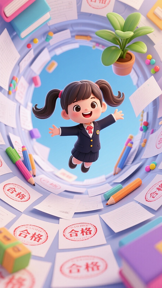 软3D风卡通女孩，环绕文具与绿植，清新可爱，展现学习乐趣。
