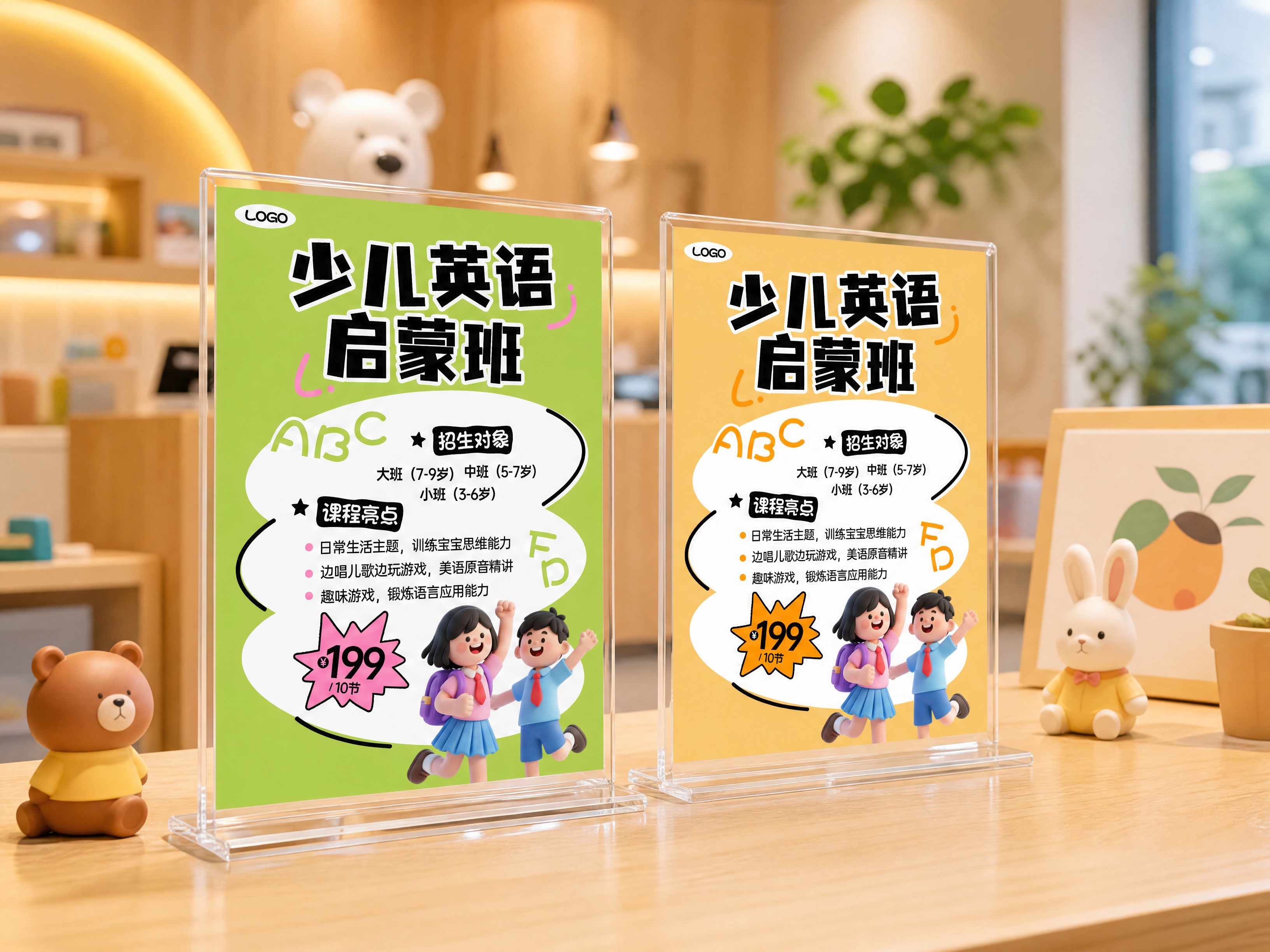 教培机构前台桌面场景，放置两个立着的双透明亚克力桌牌，第一张桌… - 图片创意预览