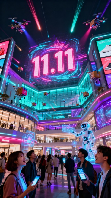 宏大的未来主义购物中心内部，巨大的全息投影的“11.11”标志悬浮在空中，散发着脉动的霓虹光芒，无数悬浮的购物车和快递无人机像流星一样在充满科技感的街道中穿梭，建筑是赛博朋克风格的，带有发光的玻璃和金预览效果