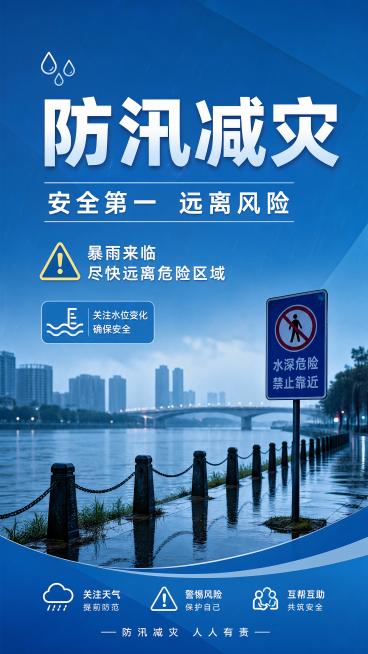 防汛减灾公益广告海报，写实商业摄影风格，保持与参考图一致的蓝色简约设计风格，整体庄重醒目，主标题为"防汛减灾"，副标题为"安全第一 远离风险"，防汛小知识文案为"暴雨来临 尽快远离危险区域"，蓝色简约预览效果
