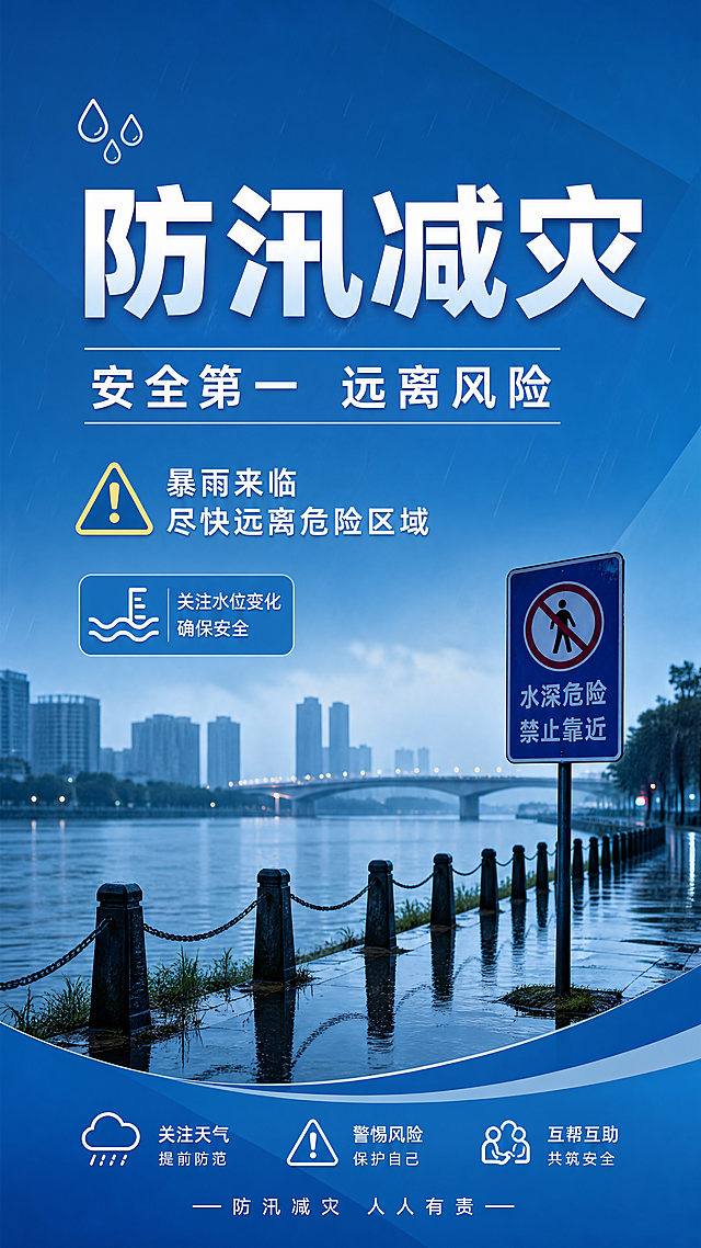 防汛减灾公益广告海报，写实商业摄影风格，保持与参考图一致的蓝色简约设计风格，整体庄重醒目，主标题为"防汛减灾"，副标题为"安全第一 远离风险"，防汛小知识文案为"暴雨来临 尽快远离危险区域"，蓝色简约背景，搭配雨天河流元素，版式精美，文字清晰，四边留足安全边距，文案不遮挡主体元素，合规无极限词