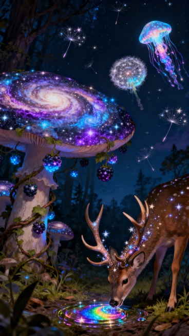 Macro view of a glowing forest floor at night. A giant mushroom is a miniature spiral galaxy, vines预览效果