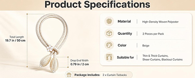 [商品] 使用【图2】米白色花朵装饰窗帘绑带；保留双股编织绳、花朵装饰扣、水滴坠头、米白颜色与整体结构；增强编织纹理与五金质感，不改变产品颜色和结构。
[画面] 目标：规格参数页，清晰展示产品尺寸、材质与包装清单。构图：左图右文，左侧约50%为产品标准展示+尺寸标注线，右侧约50%为参数信息卡区域。主体占比：产品占左侧60%。景别：产品中景+信息卡排版。阅读动线：从左侧产品尺寸到右侧参数列表。前中后景：前景产品、中景尺寸引线、后景浅渐变底。背景：暖米白同色系浅渐变背景。
[视觉] 套系策略：风格=跨境极简高级家居商业摄影；标题字=现代无衬线粗体；正文字=简洁无衬线体；主色=暖米白；背景延展=基于暖米白做深浅层级、同色渐变和细腻织物/哑光墙面质感；强调色=浅金棕，仅用于小面积图标、引线和标签；标题色=深炭灰；正文色=中暖灰；组件=圆角浅底信息卡、细线引线、圆形图标；光影=左前侧暖柔光，均匀明亮。
[文字] 顶部通栏主标题"Product Specifications"；左侧产品旁标注尺寸：Total Length 19.7 in / 50 cm，Drop End Width 0.79 in / 2 cm；右侧信息卡分4项：Material - High-Density Woven Polyester，Quantity - 2 Pieces per Pack，Color - Beige，Suitable for - Thin & Thick Curtains, Sheer Curtains, Blackout Curtains；底部一行"Package Includes: 2 x Curtain Tiebacks"；所有文字横向排版，清晰易读。
[规格] 图片比例61:25横版，4K分辨率，避免变形、错字、文字过小、冷蓝/蓝灰背景、产品颜色改变、尺寸标注混乱、虚构认证标志。