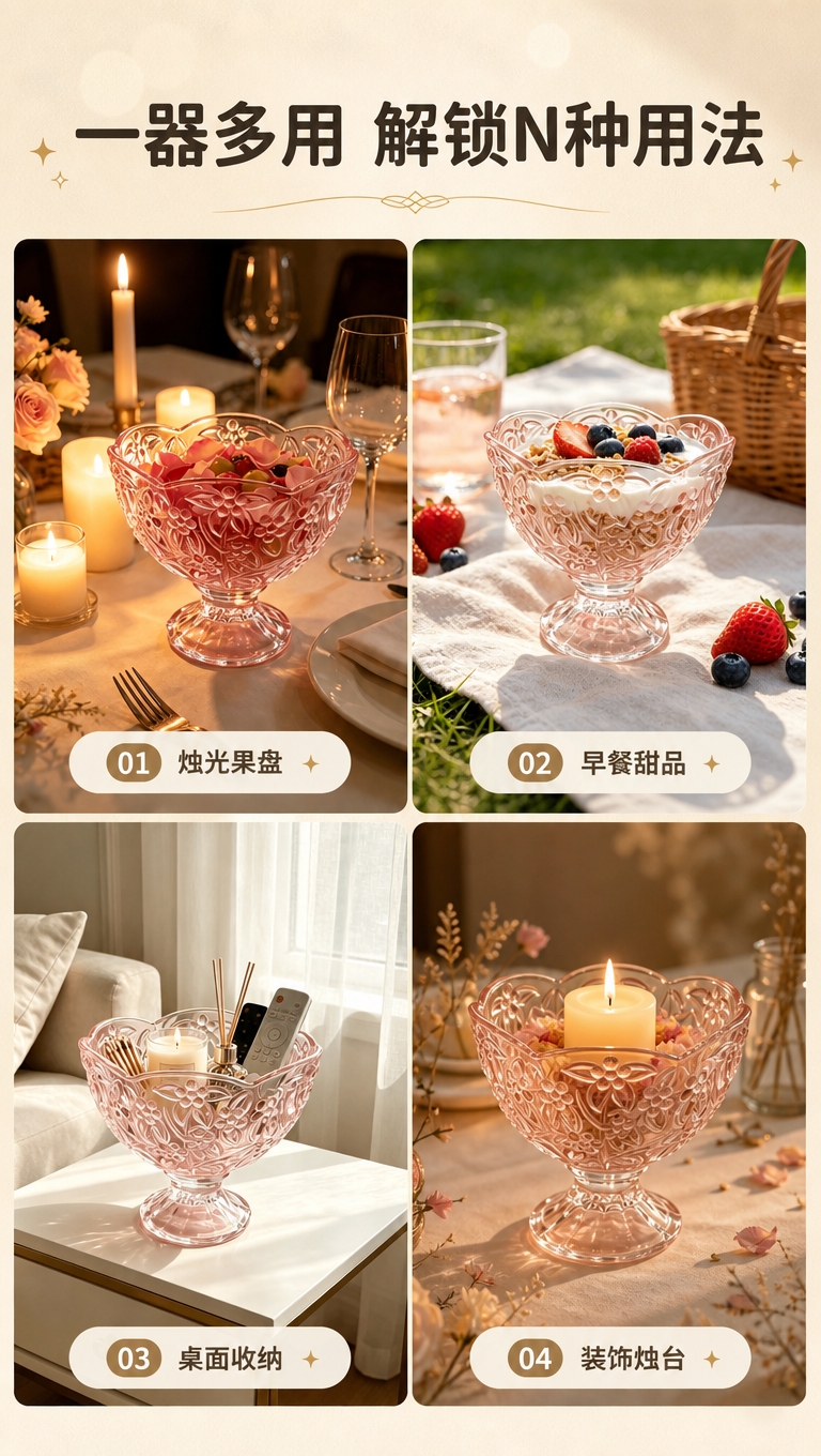 [商品] 使用【图2】【图4】【图5】浮雕粉晶高脚玻璃碗的多场… - 图片创意预览