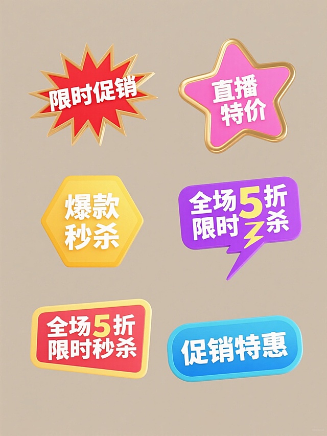 六个不同造型的促销标签规整排列在纯色背景上，每个标签都有独特的形状和配色，保持了相同的促销元素内容。标签包括红色爆炸形"限时促销"、粉色星形"直播特价"、金色放射形"限时特惠"、黄色六边形"爆款秒杀"、紫色闪电形"全场5折限时秒杀"和蓝色圆角矩形"促销特惠"，所有标签均采用白色文字，具有简洁明快的设计风格，整体画面色彩丰富且对比鲜明，信息传达高效清晰。
