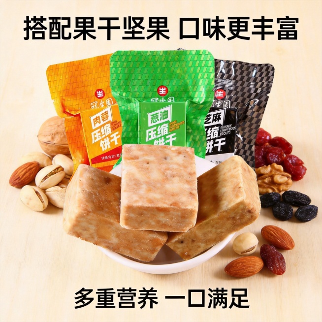 高级质感电商主图，冠生园压缩饼干与新鲜的坚果、果干搭配摆放，浅木色背景，添加文案"搭配果干坚果 口味更丰富""多重营养 一口满足"，画面精致有食欲预览效果