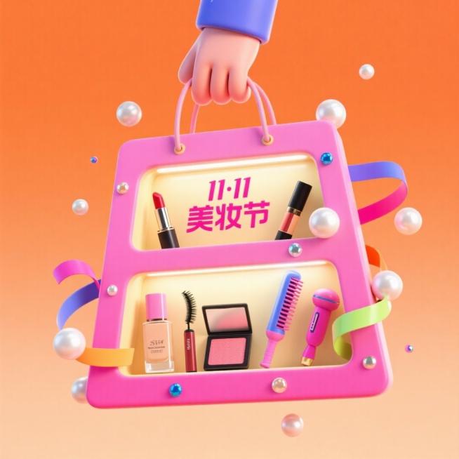 画面主视觉是一只手提着巨型粉色购物袋。购物袋内部设计成双层橱窗形式，展示着口红、眼影、睫毛膏、粉底液、腮红、卷发棒等。袋子上印着“11·11 美妆节”，周围环绕着珍珠、亮片、彩色丝带等元素。电商橙色渐预览效果