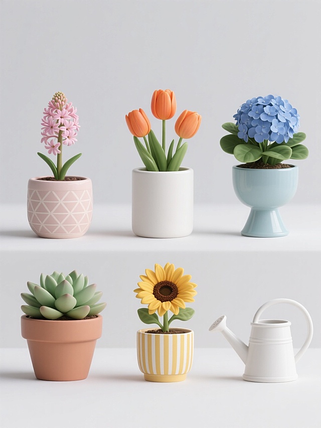 3D渲染风格的盆栽元素系列素材集合，保持与原图一致的写实光影质感、平滑细腻的材质表现和纯净的白色纯色背景，6个完全不同的元素内容规整排布，包括浅粉色风信子配几何纹陶瓷花盆、橙色郁金香与简约白色圆柱花盆、绿色多肉植物组合盆栽、蓝色绣球花陶瓷高脚盆、黄色向日葵条纹花盆，以及一个白色塑料浇水壶，每个元素独立清晰，整体构图平衡对称，维持统一的清新自然氛围和高精度3D视觉效果。