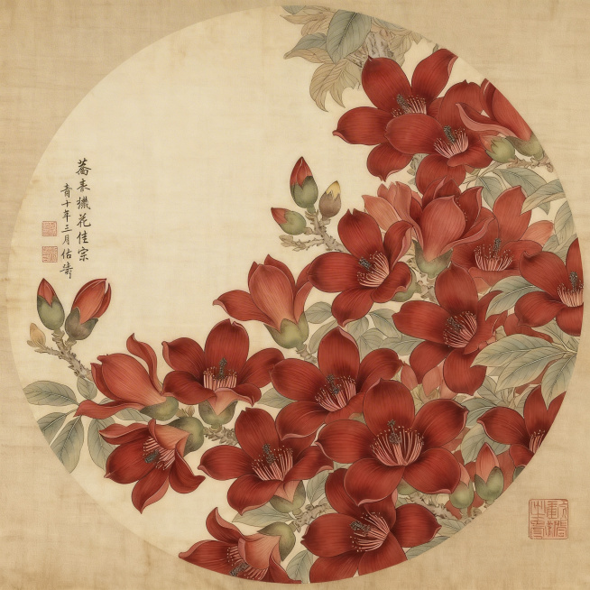 补全画面中缺失的部分，保持整体工笔画风格，木棉花为鲜红色，树干尽量少，和原有画面风格、内容统一协调预览效果