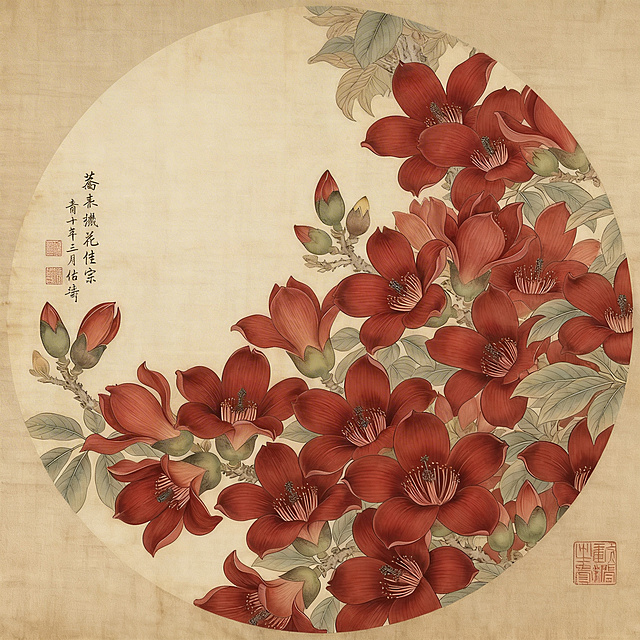 补全画面中缺失的部分，保持整体工笔画风格，木棉花为鲜红色，树干尽量少，和原有画面风格、内容统一协调