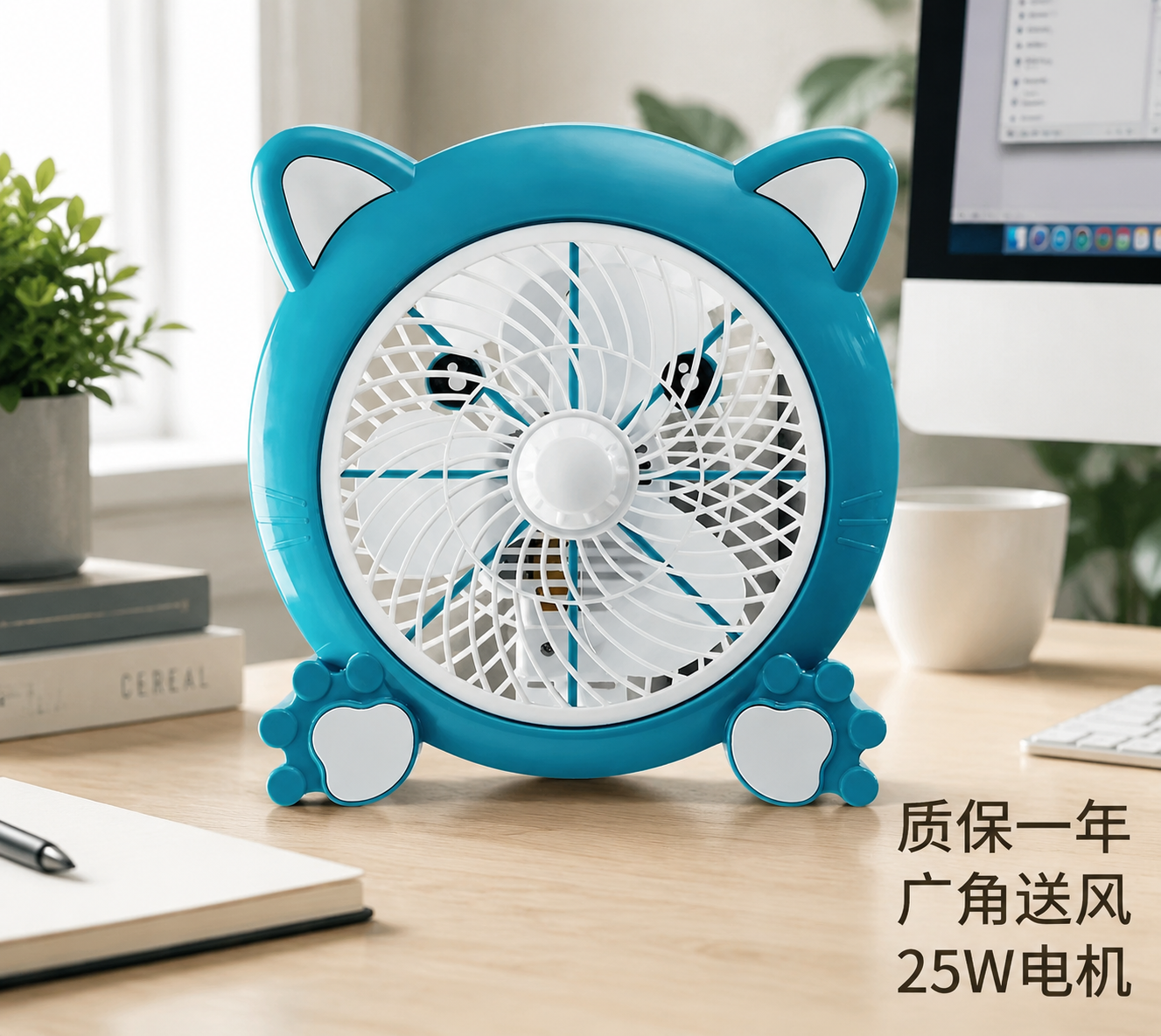 将背景替换为现代简约办公桌场景，风扇本体严格保持原图不变，完整… - 图片创意预览