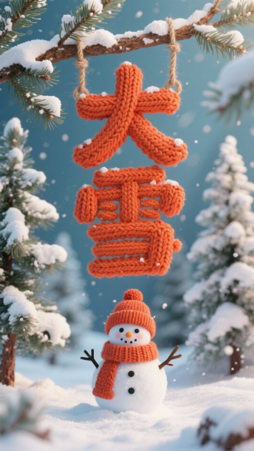 画面中央为橙红色针织质感的 “大雪” 立体字（通过麻绳悬挂于松枝间），下方雪地场景中有一个戴针织帽的雪人、积雪松树，冬日氛围预览效果