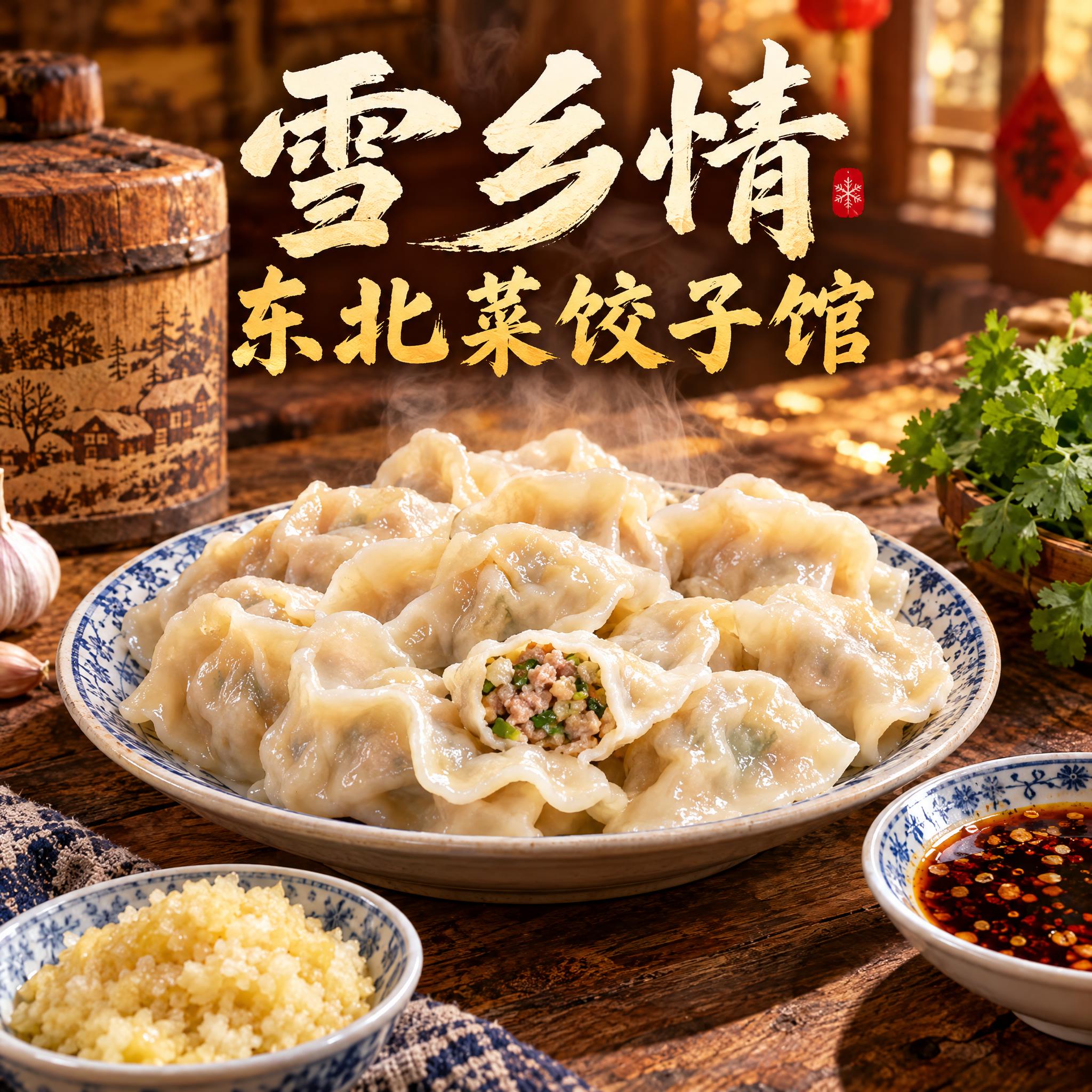 雪乡情东北菜饺子馆头像设计，写实美食摄影风格，画面中央是一盘热… - 图片创意预览