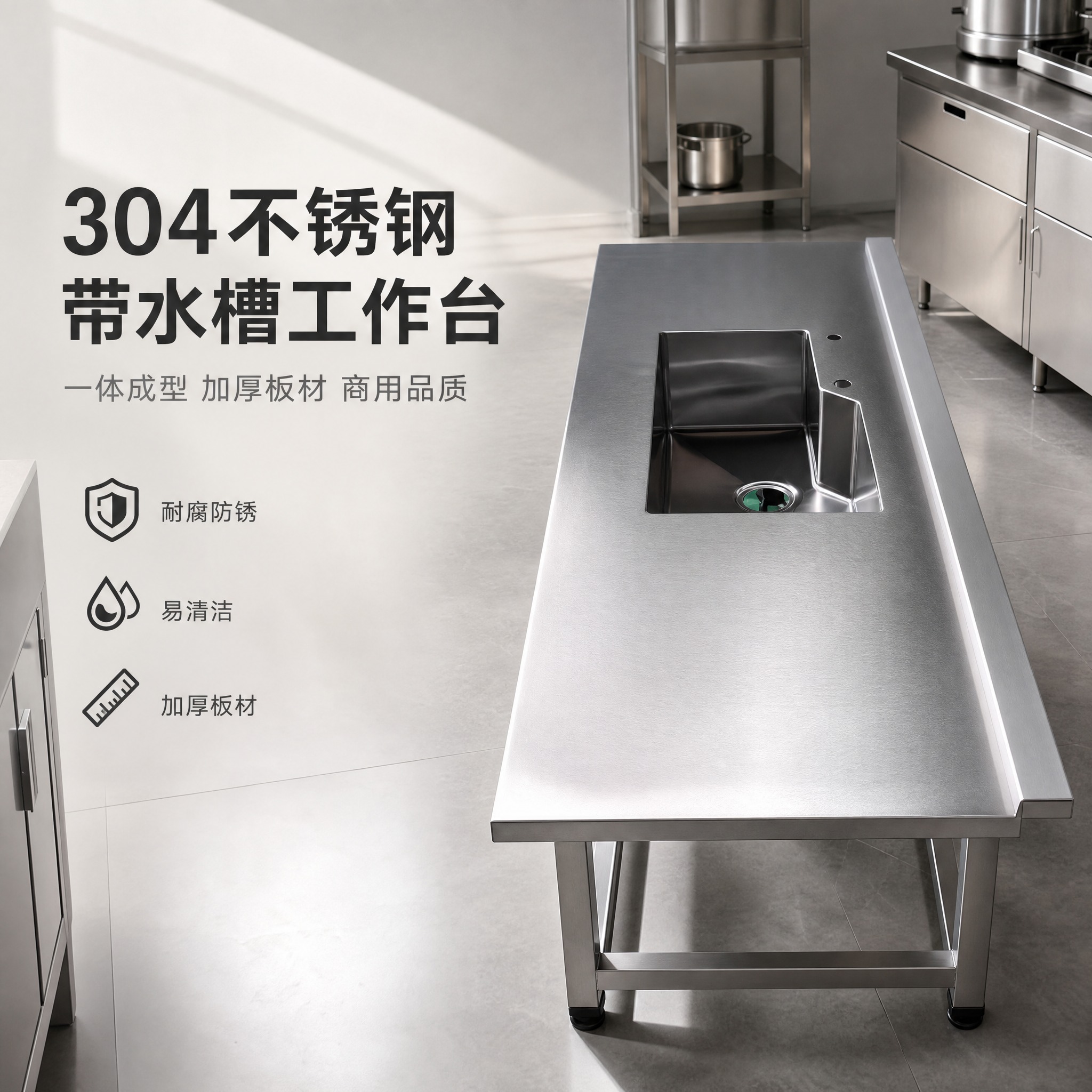 [单张主图] 304不锈钢带水槽工作台 高级氛围感主图 淘宝天… - 图片创意预览