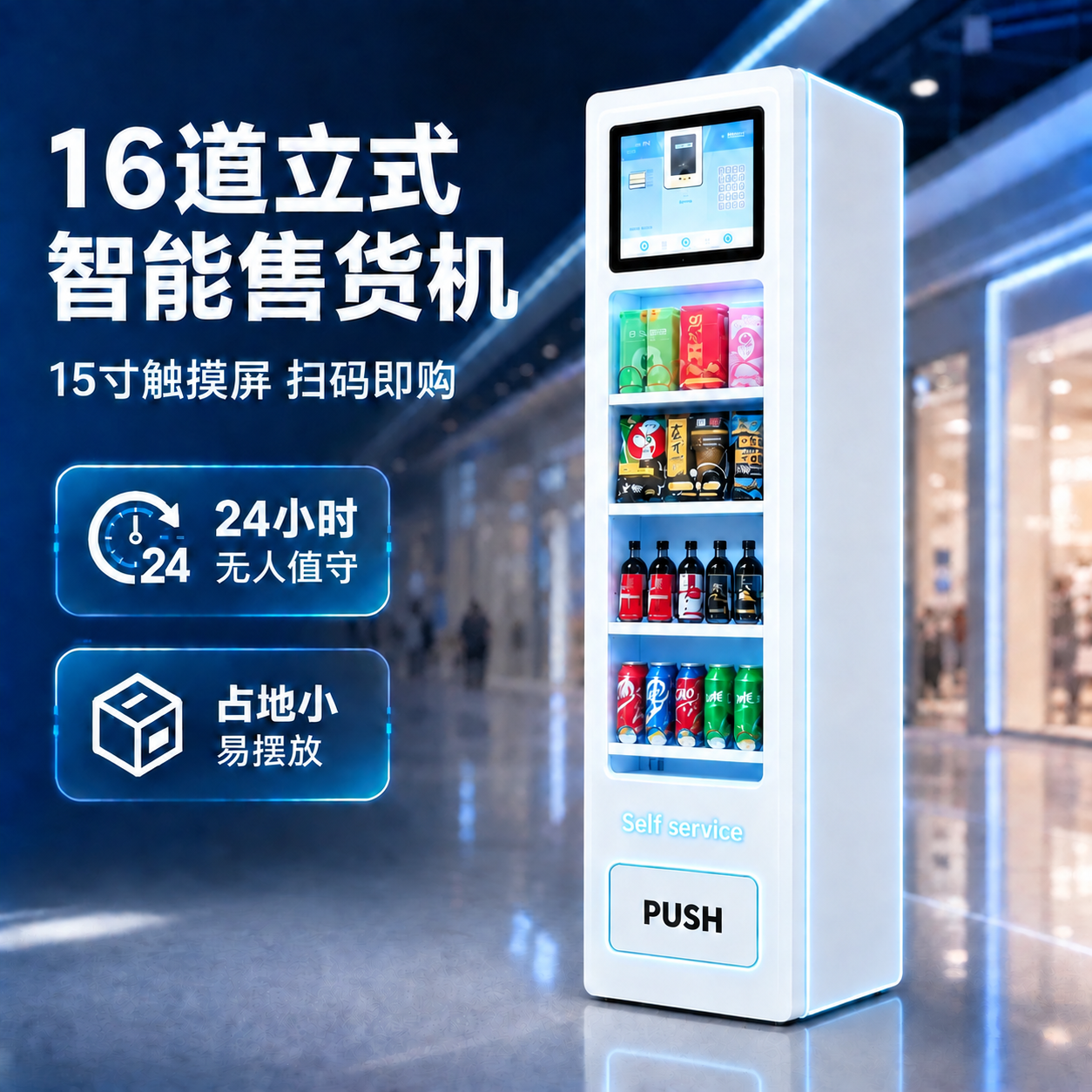 重新生成这张图，将售货机最下面一层（第四层）的罐装饮料数量调整… - 图片创意预览