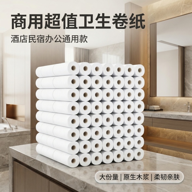 图1：首图场景展示。基于上传的卫生卷图片，产品保持和原图外观100%一致，将整箱卫生卷纸放置在整洁干净的酒店卫生间洗手台旁，自然柔和光线，高级简约商务风。画面左上角悬浮大号深色无衬线粗体文字 "商用超预览效果