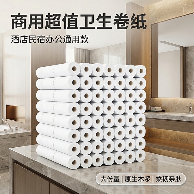 图1：首图场景展示。基于上传的卫生卷图片，产品保持和原图外观100%一致，将整箱卫生卷纸放置在整洁干净的酒店卫生间洗手台旁，自然柔和光线，高级简约商务风。画面左上角悬浮大号深色无衬线粗体文字 "商用超值卫生卷纸"，副标题较小字号 "酒店民宿办公通用款"，右下角悬浮三个浅灰色半透明胶囊卖点标签 "大份量 | 原生木浆 | 柔韧亲肤"，文字不遮挡主体。整体风格干净高级，突出产品品质感。