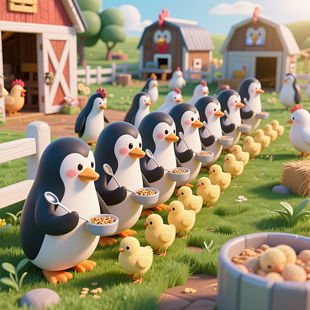 农场喂食排队：温馨的农场里，许多可爱的企鹅们排着队给小鸡喂食，每只动物手里都拿着小勺子，小心翼翼地给小鸡们分发食物，背景是鸡舍和绿色的草地