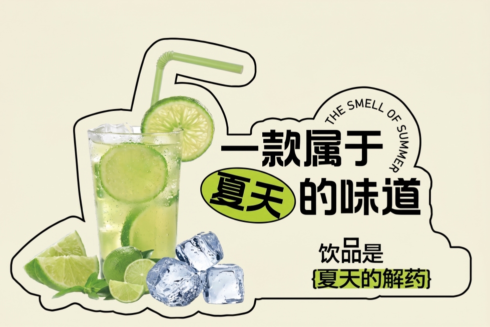 重新生成和参考图内容完全一致的饮品宣传图，提升图片清晰度，保留所有文案和构图：“一款属于夏天的味道 THE SMELL OF SUMMER 饮品是夏天的解药”，画面包含青柠柠檬气泡水、冰块和吸管预览效果