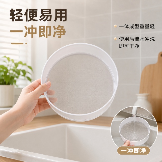 「图片1」，生成电商主图（5张），商品名称是塑料粉筛，卖点是筛分效果出色，轻便易用、经济实惠、易于清洗。风格是家居治愈风，适配淘宝/天猫平台，主图比例为1:1预览效果