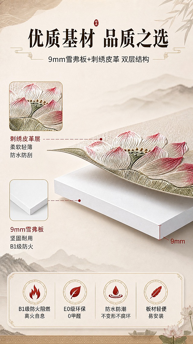 [商品] 使用【图1】下半部分荷花刺绣皮革特写、【图7】雪弗板侧面厚度参考图、【图6】雪弗板正面参考图；保留荷花刺绣图案、雪弗板白色平整板面、9mm真实厚度；商品处理：刺绣皮革层要体现柔软轻薄的皮革质感，有轻微的柔韧弯曲弧度，边缘薄而细腻；雪弗板保留9mm厚度的真实比例，平整方正。
[画面] 目标：基材双层结构解析，皮革层体现柔软轻薄，雪弗板体现9mm真实厚度。构图：中间为分层结构斜视角展示，上层刺绣皮革层呈轻微自然弯曲状态体现柔软轻薄，下层为平整的9mm雪弗板；左侧上下分别放皮革特写和雪弗板侧面特写小图；上1/4标题区，中间1/2结构展示区，下1/4卖点图标区；阅读动线从上至下。
[视觉] 套系策略：风格=新中式高端雅致商业摄影风；标题字=宋体加粗衬线体，东方韵味；正文字=简洁无衬线黑体；主色=米杏暖白；背景延展=基于米杏暖白做深浅层级、同色渐变和宣纸/布艺质感，背景有淡色山水纹理；强调色=朱砂红+鎏金，仅用于小面积图标、引线、标签和重点字；标题色=深墨褐；正文色=中暖灰；组件=圆角浅底信息卡、细线引线、中式回纹装饰边；光影=侧柔光突出皮革柔软质感和板材厚度层次，整体通透。
[文字] 顶部主标题"优质基材 品质之选"，副标题"9mm雪弗板+刺绣皮革 双层结构"；结构示意处用引线标注："刺绣皮革层 柔软轻薄 防水防刮"、"9mm雪弗板 坚固耐用 B1级防火"；雪弗板右下角标注尺寸线"9mm"；下方4个图标卖点："B1级防火阻燃 离火自息"、"E0级环保 0甲醛"、"防水防潮 不变形不腐坏"、"板材轻便 易安装"。
[规格] 图片比例9:16竖版，分辨率2K，避免变形、错字、文字过小、冷蓝/冷灰背景、皮革层过厚过硬、雪弗板厚度比例失真。