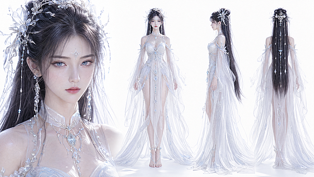 人物三视图，画面布局为16：9，左侧放大展示正面特写，包含全脸及头部细节，正面全身像，右侧放置人物三视图（正面全身照，侧面全身照，背面全身照），三个人物身高、衣长、所有配饰点位完全统一，完整全身无裁切，8K超写实商业棚拍质感，CG渲染，国风仙侠游戏角色建模质感，柔和均匀的影棚布光，顶光+侧光结合，突出人物与服饰的材质细节，无硬阴影，砂质的通透感，水晶的光泽感，超高清，细节拉满，电影级画面，清冷月光氛围，冰晶霜华的空灵圣洁感。具体人物：18-20岁东亚华裔仙界神女，中国古风仙侠美学，空灵唯美气质，顶级二次元写实风格，超精致女主角；天蓝色玻璃眼眸，双眼颜色完全相同，五官清纯，精致立体，神态高冷，眼尾微翘暗藏魅惑，7.5头身完美身形，冰肌玉骨，肤白胜雪，额间银色雪花花钿，纤细丰满；多层轻纱仙裙、飘带飘逸，周身薄仙雾，服饰华贵重工，搭配宝石与水晶镶嵌的项链，肩饰，身着半透明雪纺材质，轻纱广袖，月光质感，银白刺绣纹理，自然飘逸裙摆，裙摆自然垂落；配饰细玉簪、鬓边小珍珠、腰间水滴玉佩、细银脚环，简约华贵不堆砌，可光脚或穿上超精致银白色雕花镂空且带华丽配饰尖头高跟鞋；纯白色纯色背景，超写实真人画风，皮肤纹理自然鲜活，国风仙侠写实原画，华丽且飘逸的落地长裙，身材高挑优美，脸型流畅，拥有倾国倾城般的容貌，服饰颜色为白色为主，发型及服装配饰高贵繁复且华丽，细节重点：超精致皮肤纹理，真实布料纹理，丝绸反光，柔和月光边缘光，高清眼部细节，自然头发丝，同一人物面部，统一服装设计，统一发型，统一气质