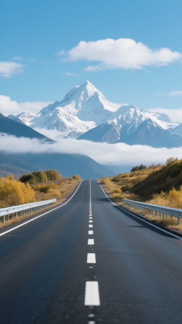 近景视角，一条崭新的沥青公路笔直向前延伸，中央白色虚线分隔线清晰规整，两侧低矮金属护栏泛着冷冽光泽，公路两旁黄绿色植被生机勃勃，远处巍峨雪山清晰可见，山顶白雪皑皑，山腰云雾轻柔缭绕，湛蓝天空飘着几朵纯净白云，整体干净且符合现实逻辑，尽显壮阔宁静与希望，道路清晰指向远方雪山之巅。预览效果