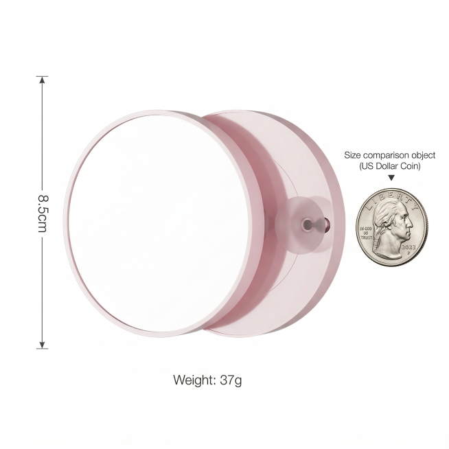 美妆放大镜尺寸说明图，适合希音美区用户，浅粉色吸盘式放大镜，旁边放一元硬币作为参照物，清晰标注尺寸直径8.5cm，重量37g，标注线清晰，字体为纤细无衬线英文，背景为纯白色，简洁直观，2K分辨率，1:预览效果