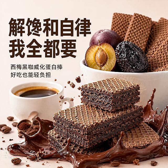 [主图-18] 西梅黑咖威化蛋白棒用户共鸣文案版。保持产品外观与输入产品图一致，不变形无色差。氛围风格：情绪共鸣，直击需求。画质：干净简洁商业摄影。元素：威化蛋白棒斜放画面右侧，左侧留白放文案，布局简洁突出。产品占比约60%。光影：干净柔和均匀光，清晰不刺眼。配色：浅米底深棕字，对比清晰，简洁高级。文字版式：左侧大字写“解馋和自律 我全都要”，深棕色超大粗体；下方小字“西梅黑咖威化蛋白棒 好吃也能轻负担”，字号缩小一半，清晰可读。文字不遮挡产品，对比强烈。比例分辨率：1:1比例，2048px*2048px，4k分辨率。负向提示词：变形，文字错乱，产品模糊，背景杂乱，水印，平台Logo。