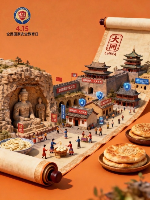 保留原图的大同地域特色元素：云冈石窟大佛、古城墙、古建筑、大同刀削面、大同烧饼、卷轴微缩景观风格，暖橙色背景。加入全民国家安全教育日活动标识，融入总体国家安全观相关宣传元素，整体画面协调统一，作为全民预览效果