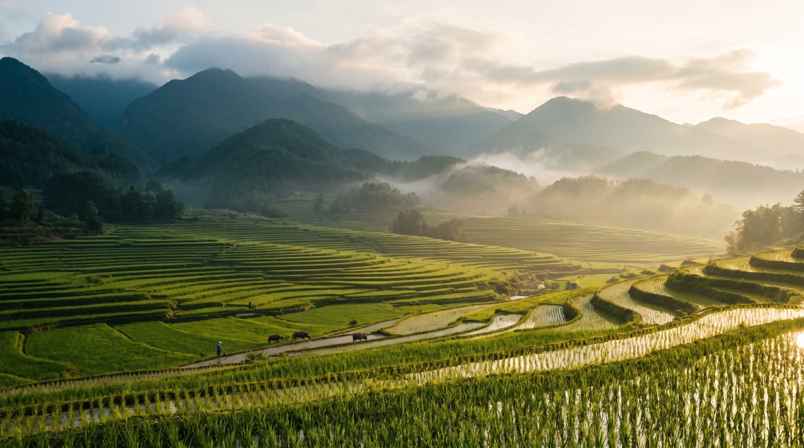 中国农村黎明时分的广角景观，层层叠叠的绿色稻田延伸到远方，背景是云雾缭绕的山峦，金色的日出光线照亮田野，英雄而庄严的氛围，电影写实风格，8k分辨率，广角，16比9比例。预览效果
