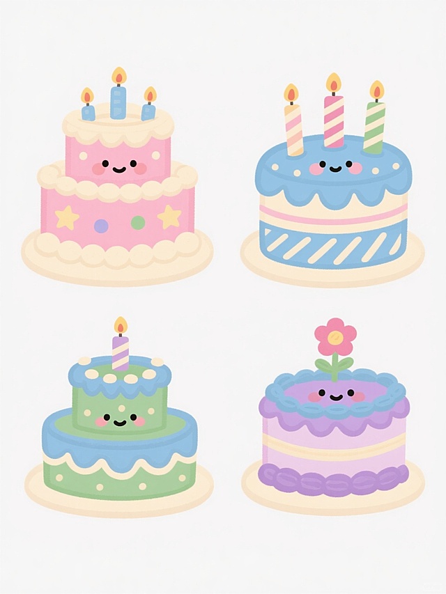 四个不同外观样式与配色的卡通风格生日蛋糕，保持圆润可爱的造型和简洁明快的手绘质感，每个蛋糕拥有独特的多层结构、奶油颜色（如粉色、蓝色、绿色、紫色）、装饰元素（如星星、圆点、条纹、花朵形状的糖霜）和顶部蜡烛设计，整体排列整齐形成对称构图，白色背景，明亮柔和的光影，无文字和二维码。