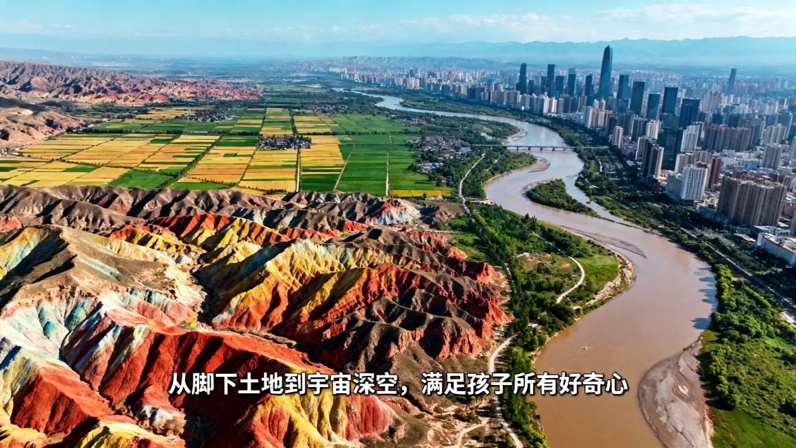 《航拍中国》经典俯瞰镜头，展现色彩对比强烈的地貌、规整的农田、壮丽的山川河流，比如张掖七彩丹霞的斑斓地貌、蜿蜒的长江黄河，或现代都市的天际线，搭配文字"从脚下土地到宇宙深空，满足孩子所有好奇心"预览效果