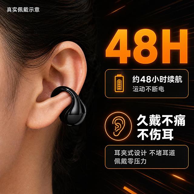 [主图-2] LKP蓝牙耳夹式耳机 核心价值卖点图 久戴不痛不伤耳+长续航双核心卖点。
[统一基调] 抖音兴趣电商风 强视觉冲击 高清实拍质感 主色为活力橙+深黑科技感 标题字用白色粗黑体 辅助字用浅灰色 强调色用荧光橙 字体统一为现代无衬线粗体 字号层级分明 卡片用圆角半透明黑底白字 图标用线性简约风。
[画面] 画面左侧展示LKP耳夹式耳机的佩戴特写（耳部局部特写，只展示耳朵和耳机部分，不展示全脸），黑色耳夹式耳机自然夹在耳廓上，展示佩戴方式和贴合度，证明不伤耳不痛点。右侧为信息区，上下排列两大核心卖点。上方卖点配大数字"48H"荧光橙超大字号，下方说明"约48小时长续航 运动不断电"。下方卖点配耳朵舒适图标，文字"久戴不痛 不伤耳"。背景为深灰黑色渐变，有细微的运动速度线装饰增加动感。
[光影质感] 商业摄影级高清质感 耳部特写光线柔和自然 耳机在耳朵上有真实接触阴影 材质反光真实 右侧信息区光影简洁突出文字 整体干净有品质感。
[配色] 背景主色为深灰黑渐变 产品为黑色 大数字48H用荧光橙色 主标题文字用白色 辅助说明用浅灰色 图标用荧光橙描边 对比强烈 视觉焦点明确。
[文字版式] 右侧上方超大数字"48H" 荧光橙色 最粗字体 是画面第一视觉焦点。数字下方小字"约48小时续航" 白色中号。右侧中部大标题"久戴不痛 不伤耳" 白色粗体 字号第二大。标题下方小字"耳夹式设计 不堵耳道 佩戴零压力" 浅灰色小号。左侧耳部特写上方小字标签"真实佩戴示意" 白色小号。所有文字横排 左对齐或居中对齐 排版整洁。
[输出要求] 比例1:1 文字清晰可读 产品清晰不变形 耳部结构自然真实 无畸形 无错字 无模糊 无杂乱元素 无水印 无平台Logo 耳机外观与输入图一致 耳夹结构准确。