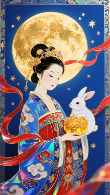 国潮风格，身着传统汉服的女子，身旁有玉兔抱月饼，背景是金色满月、星星，红色飘带装饰，整体色调以蓝、金、红为主预览效果