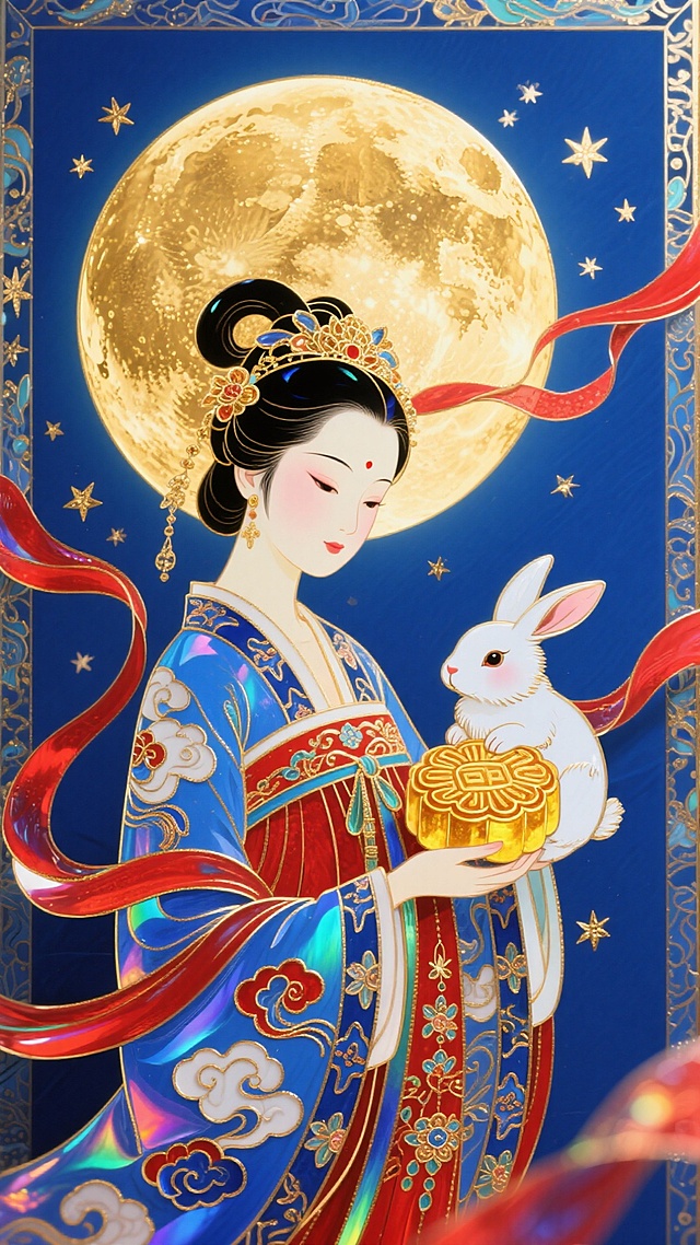 传统汉服的女子，身旁有玉兔抱月饼2