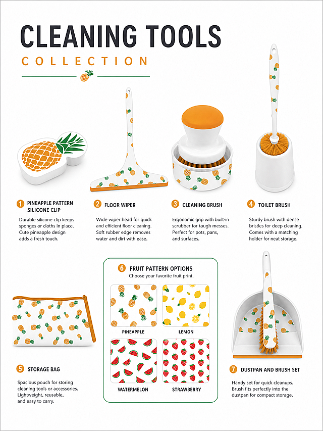 Generate a clean and tidy English product catalog. Layout the 7 provided cleaning tool product images (pineapple pattern silicone clip, wiper, cleaning brush, toilet brush, storage bag, fruit pattern, dustpan and brush set) in an orderly manner, with English item names and simple product descriptions, white background, minimalist and clean style, clear typesetting.