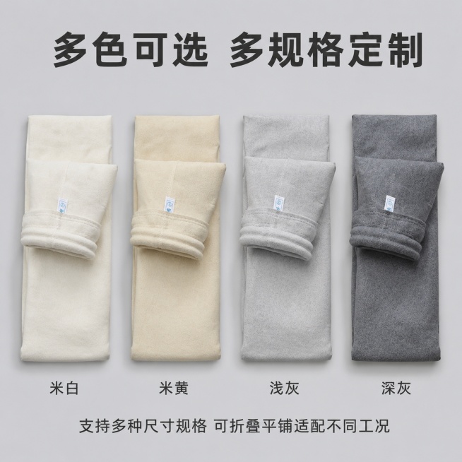 [主图-6] 工业除尘滤袋规格颜色可选展示图。
[氛围风格] 清晰直观展示多规格多色可选；
[画质] 商业摄影质感、光线明亮通透、产品清晰真实、画面干净高级；
[元素] 四张不同颜色的除尘滤袋（米白、预览效果