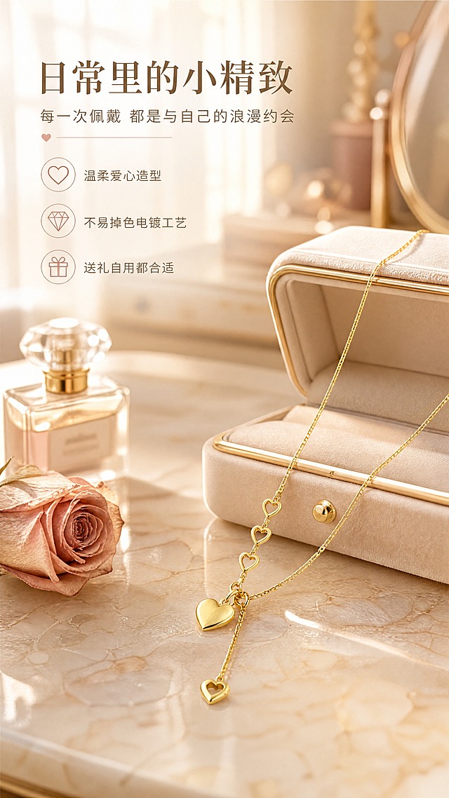 [商品] 使用【图1】清风茗饰镂空爱心项链；保留金色电镀质感、三颗镂空小爱心+实心爱心主吊坠+抽拉尾链结构、铜材金属光泽、链条比例；增强金属光泽，去除原图文字与白底。
[画面] 场景种草，单场景沉浸型。项链自然摆放在米白色大理石梳妆台上，旁边有丝绒首饰盒半开、一支干枯玫瑰、小香水瓶作为氛围道具；项链从首饰盒中优雅延伸出来，占画面约40%；前景梳妆台纹理，中景项链与道具，背景虚化的卧室暖光窗帘，≥3层环境元素，营造日常精致梳妆场景。
[视觉] 套系策略：风格=轻奢温柔高级商业摄影；标题字=纤细优雅宋体衬线粗体；正文字=简洁无衬线细体；主色=香槟金+奶油米白；背景延展=基于奶油米白做深浅层级、大理石纹理与暖光虚化；强调色=玫瑰粉金，仅用于小面积图标、引线和标签；标题色=深暖棕金；正文色=中暖灰；组件=圆角浅金信息卡、细金线引线；光影=右侧窗边自然光+左侧补光，暖调柔和，金属反光自然。
[文字] 画面左上区域排版，主标题"日常里的小精致"，副标题"每一次佩戴 都是与自己的浪漫约会"，下方3个短卖点：温柔爱心造型 / 不易掉色电镀工艺 / 送礼自用都合适；文字横向排版，不遮挡项链主体。
[规格] 图片比例9:16竖版，4K，避免变形、错字、文字过小、冷蓝背景、颜色改变、结构失真。