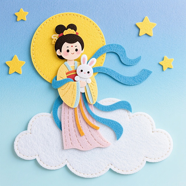 嫦娥抱着白兔站在云朵上，四周有星星围绕。嫦娥身着华丽的汉服，衣袂飘飘，面容温柔。背景是平面渐变的淡蓝色天空，从浅到深。嫦娥和云朵在画面中是完整的。