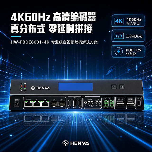 [商品] 使用【图1】HENVA HW-FBDE6001-4K高清编码器；保留产品正面结构、黑色金属机身、HENVA品牌Logo、蓝色OLED显示屏、左侧指示灯、右侧NR/NC按键、底部全部接口（网口、光口、HDMI、音频、RS232/485、USB等）的位置与形态；产品清晰无变形，颜色与原图一致。
[画面] 目标：硬核头图，突出4K@60Hz高清编码与真分布式架构的专业科技感。构图：产品居中偏下，占画面约55%，正面微仰视角度；上方留大面积标题区，左右两侧悬浮参数标签；背景为深色科技空间，有蓝色数据流线条、网格线和微弱光晕；前景有蓝色光效从产品底部向上发散，营造科技氛围。
[视觉] 套系策略：风格=深色科技工业风，专业严谨3C数码商业视觉；标题字=粗黑体无衬线，硬朗科技感；正文字=简洁无衬线中等字重；主色=深黑（#0A0E17）；背景延展=从深黑到藏蓝的径向渐变，叠加科技网格、数据流线条和粒子光效；强调色=科技蓝（#00B4FF），仅用于光效、图标、引线、标签描边和重点数字；标题色=纯白色；正文色=浅灰蓝（#B8C5D6）；组件=圆角半透明深色信息卡、蓝色细线引线、发光数字标签；光影=产品正面左上方冷蓝光，底部蓝色轮廓光，产品下方有微弱倒影。
[文字] 左上主标题两行大字：「4K@60Hz 高清编码器」「真分布式 零延时拼接」；副标题：「HW-FBDE6001-4K 专业级音视频编码解决方案」；右侧悬浮3个参数胶囊标签：「4K@60Hz 输入输出」「三码流编码」「POE+12V双备份」；底部小字品牌标识：HENVA。文字全部横排，不遮挡产品核心接口和Logo。
[规格] 图片比例1:1方版，4K分辨率，京东平台适配，避免红色元素、变形、错字、文字过小、白底、京东Logo/水印。